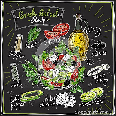 Greek salad recipe chalkboard design, salad menu with ingredients Vector Illustration