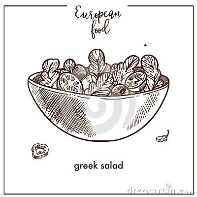 Greek salad sketch icon for European Mediterranean food cuisine menu design Vector Illustration