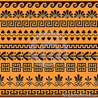 Greek seamless vector pattern set - ancient floral and geometric ornament, key pattern in brown and orange Vector Illustration