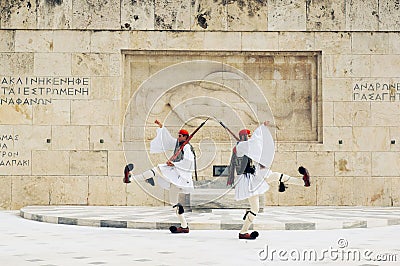 Greek soldiers Evzones dressed in full dress uniform, refers to the members of the Presidential Guard, an elite ceremonial unit Editorial Stock Photo