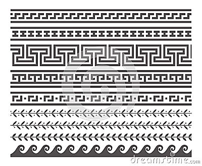 Greek style seamless frames. Geometric border set. Vector ornament pattern. Mediterranean decor elements. Vector Illustration