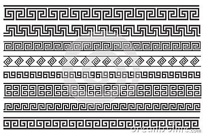 Greek style seamless frames. Geometric border set. Vector ornament pattern. Mediterranean decor elements. Vector Illustration