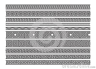 Greek style seamless frames. Geometric border set. Vector ornament pattern. Mediterranean decor elements. Vector Illustration