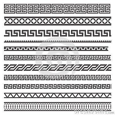 Greek style seamless frames. Geometric border set. Vector ornament pattern. Mediterranean decor elements. Vector Illustration