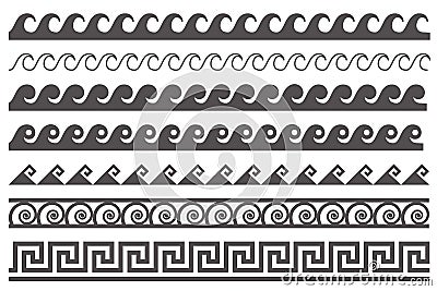 Greek style seamless frames. Geometric border set. Vector ornament pattern. Mediterranean decor elements with waves Vector Illustration