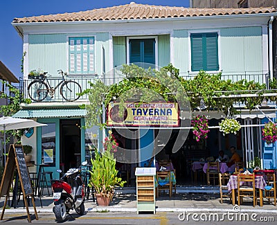 Greek taverna, Lefkada Town Editorial Stock Photo