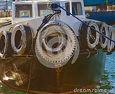 Greek Tug Boat Anchored in Marina. Stock Photo