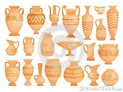 Greek vases. Ancient decorative pots isolated on white, vector old antique clay greece pottery ceramic bowls Vector Illustration