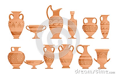 Greek vases flat vector illustrations set. Ceramic antique amphora with patterns collection. Ancient Greece potter with Vector Illustration