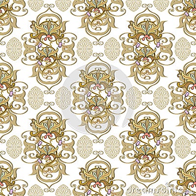 Greek vintage floral beautiful seamless pattern. Ornamental Damask Baroque style vector background. Repeat backdrop. Vintage Vector Illustration