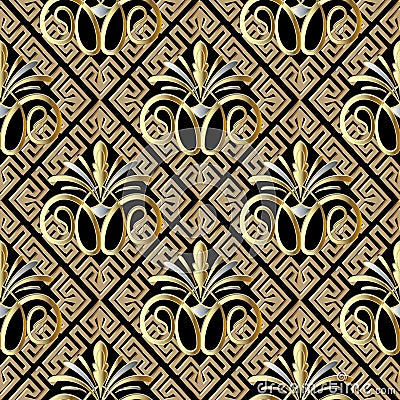 Greek vintage floral 3d seamless pattern. Vector Illustration