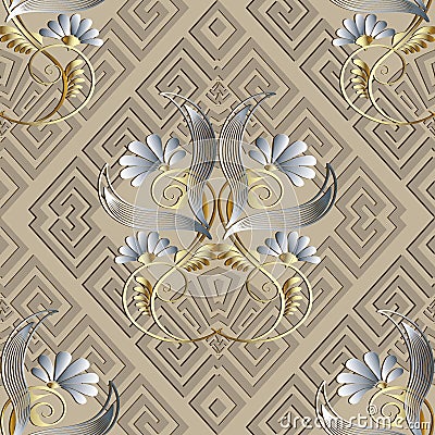 Greek vintage floral 3d seamless pattern. Light beige vector abs Vector Illustration