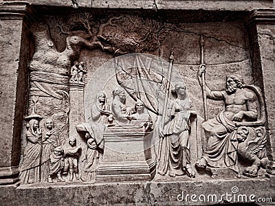 Greek votive relief in the Glyptothek Museum in Munich, Germany Editorial Stock Photo