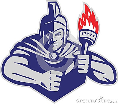 Greek Warrior Holding Flaming Torch Retro Vector Illustration