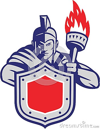 Greek Warrior Shield Torch Retro Vector Illustration