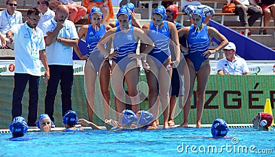 The greek women waterpolo team in the break. Editorial Stock Photo