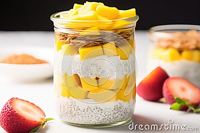 greek yogurt, chia seeds, and mango layered parfait Stock Photo
