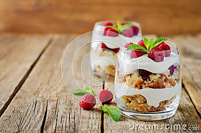 Greek yogurt raspberry biscuit parfait Stock Photo