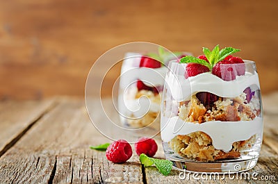 Greek yogurt raspberry biscuit parfait Stock Photo