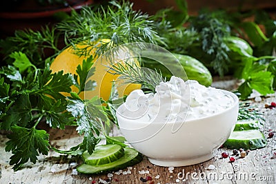 Greek yogurt sauce, cucumber and herbs, selective focus Stock Photo