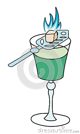 Green absinthe in cobbler glass with a burning sugar cube on a special spoon. Stylish hand-drawn doodle cartoon hipster style Vector Illustration