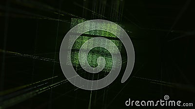 Green abstract cube is assembled from small particles. Animation. Shimmering 3D figure rotating on black background Stock Photo