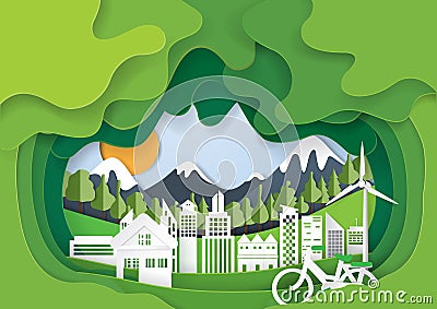 Green abstract eco city paper art background Vector Illustration