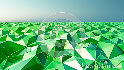 Green abstract low-poly triangle field, a mesmerizing polygonal technology background, visually stunning 3D render, intricate and Stock Photo