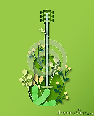 Green paper cut music guitar instrument concept Vector Illustration