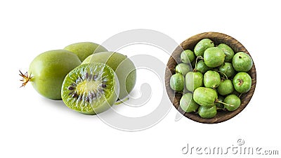 Green actinidia isolated on white background. Actinidia with copy space for text. Kiwi fruit actinidia. Baby kiwi fruits on white Stock Photo