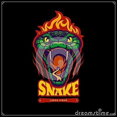 Green aggressive serpent with burning head. Snake emblem. Tattoo design. Design for t-shirt, poster and sport club. Vector Illustration