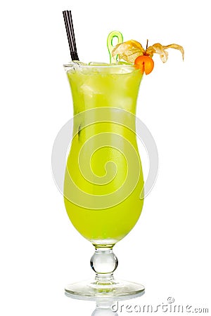 Green alcohol cocktail with Physalis berries isolated Stock Photo