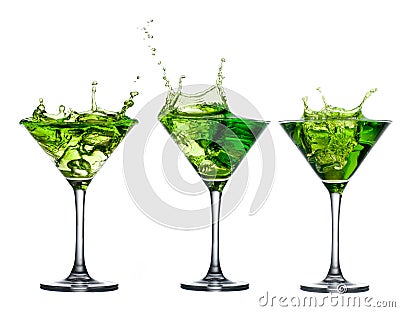 Green alcohol cocktail set with splash on white Stock Photo