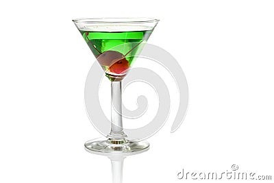 Green alcoholic midori cocktail with cherries Stock Photo