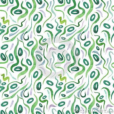 Green alga seamless pattern with natural watercolor illustrations of seaweed on the paper. Cartoon Illustration