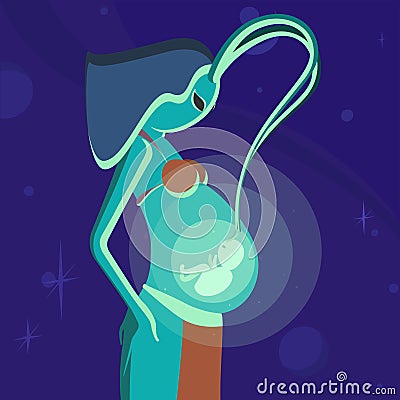 Green alien with child Vector Illustration