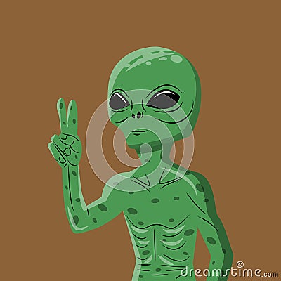 Green Alien hand drawn vector illustration. Martian showing peace sign closeup. Vector Illustration