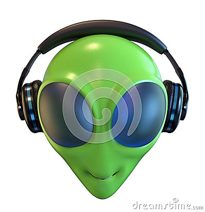Green Alien Head with Headphones Stock Photo