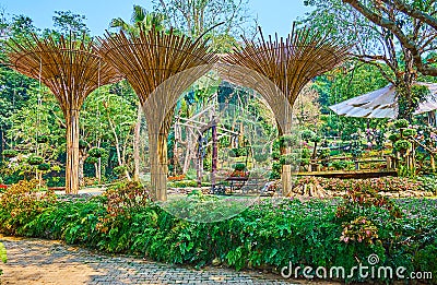 Bsmboo umbrellas in Mae Fah Luang garden, Doi Tung, Thailand Stock Photo