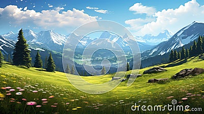 green alpine meadows grassy Cartoon Illustration