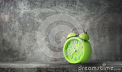 Green analog alarm clock dark background vintage grunge style. Stock Photo