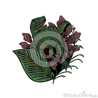 Green angry dinosaur velociraptor with red flower and leaves Cartoon Illustration