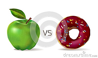 Green apple against sweet chocolate donut. Vegetarianism and healthy lifestyle. Junk food vs healthy vector concept template, Cartoon Illustration