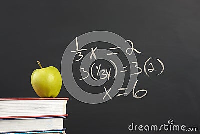 Green apple and algebra equation. Stock Photo
