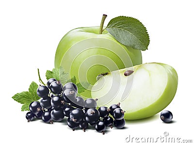 Green apple black currant group 3 isolated on white background Stock Photo