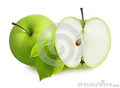 Green Apple and cut half part slice with leaves isolated on white background Stock Photo