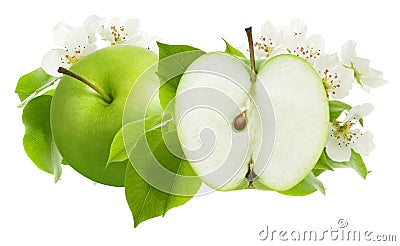 Green Apple and cut half piece slice with leaves and flowers isolated on white background as package design Stock Photo