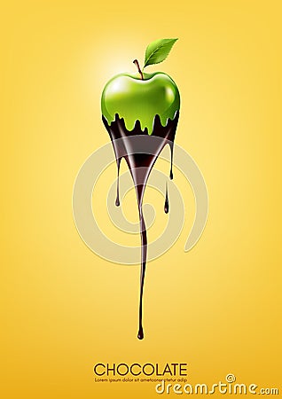 Green apple dipped in melting dark chocolate, fruit, fondue recipe concept, transparent, Vector illustration Vector Illustration