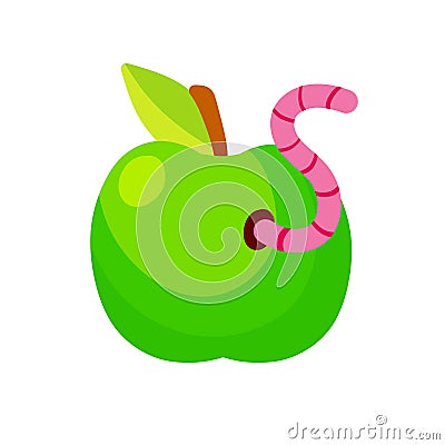 Green apple. Fruit with a worm. Flat cartoon illustration. Spoiled rotten food. Vector Illustration