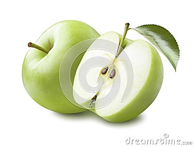 Green apple half leaf isolated on white background Stock Photo